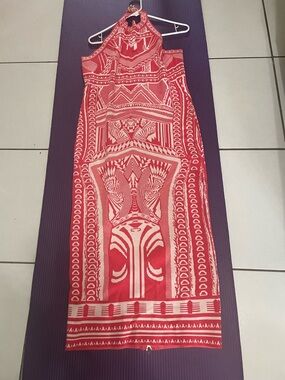 Karen Millen Red & Cream Geometric Print Maxi Halter Dress